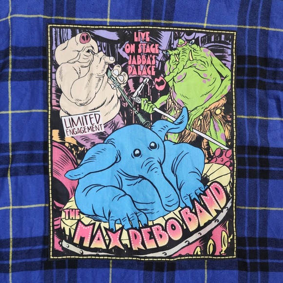 Star Wars Disney Blue Plaid‎ Flannel Men Sz L The Max Rebo Band Graphic Design - Picture 1 of 9